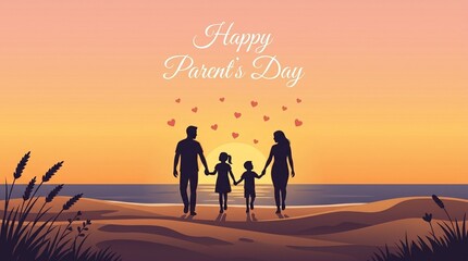 Fototapeta premium A silhouetted family of four walking along a sandy beach at sunset under a golden sky with scattered floating hearts and the text Happy Parents Day written above them as a celebration of family love.