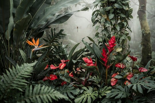 Lush tropical jungle foliage with red ginger flowers, bird of paradise, and monstera leaves in a misty forest setting with a small dragonfly