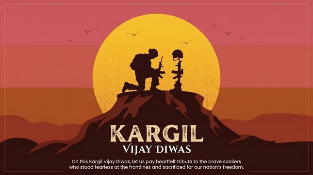 Kargil Vijay Diwas Memorial Poster with Indian Soldier Tribute Silhouette at Sunset