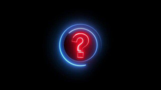 Glowing neon red and blue color question mark sign icon animation quiz confusion mark punctuation interrogative sign education exam circle alphabet sign symbol on black background