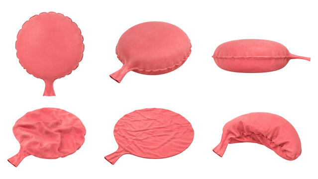 Coral pink latex balloon shown deflated and flattened in multiple views on a transparent background, highlighting wrinkled texture, nozzle and round shape for party, craft, or stock image use