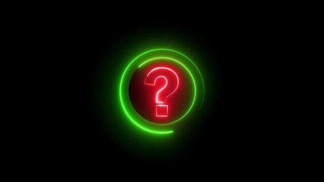 Glowing neon red and green color question mark sign icon animation quiz confusion mark punctuation interrogative sign education exam circle alphabet sign symbol on black background