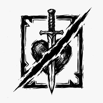 Distressed heart and dagger sketch within frame.
