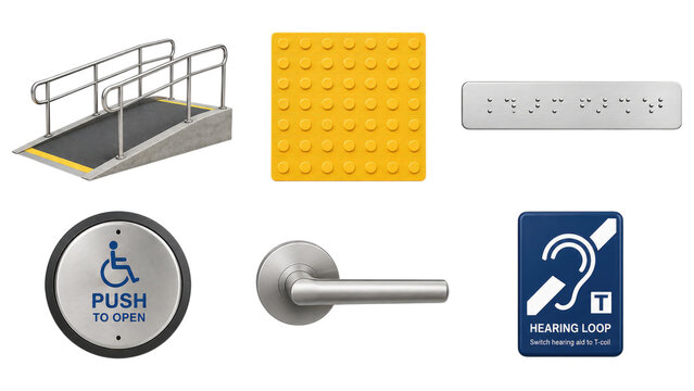 Collection of accessibility features and signage: wheelchair ramp, yellow tactile paving with truncated domes, braille bar, push-to-open wheelchair button, stainless steel lever handle