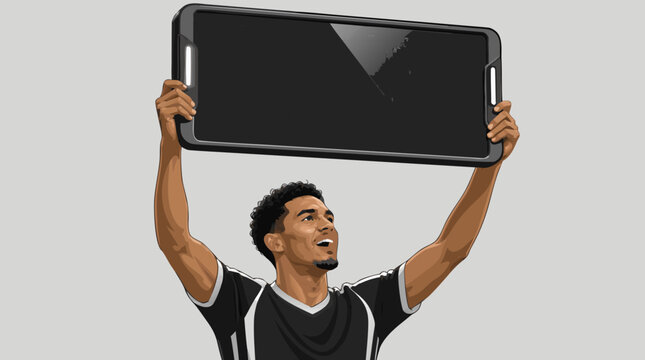 Clean flat vector illustration of a detailed soccer substitute player in uniform holding a blank LED electronic number board overhead during a match substitution, for sports commercial use.