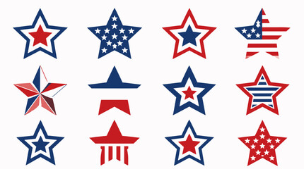 Obraz premium Clean flat vector illustration of a grid of twelve American patriotic star icon designs in red, white and blue color variations, perfect for July 4th and national holiday commercial use.