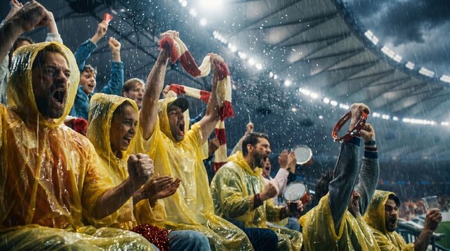 Enthusiastic diverse sports fans in yellow ponchos cheer vibrantly during a heavy rainstorm at a floodlit stadium displaying strong dedication
