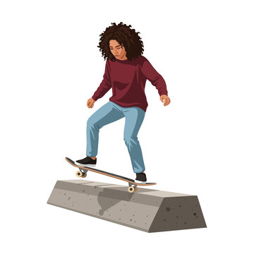 Female Skateboarder Nose Stall on Curb Flat Vector