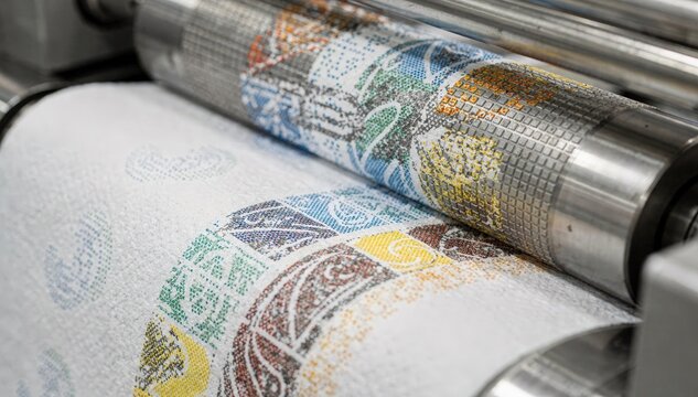 Closeup medium shot showing precise twocolor waterbased ink flexo printing creating intricate designs on absorbent towels with environmentally safe lowVOC inks.