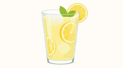 Fototapeta premium Clean flat vector illustration of a tall glass of iced lemonade with ice cubes lemon slices and a mint garnish with condensation droplets on the side, ideal for beverage commercial use.