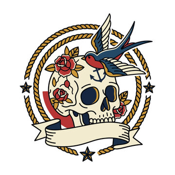 Traditional Tattoo Skull, Roses and Swallow Bird with Banner and Rope