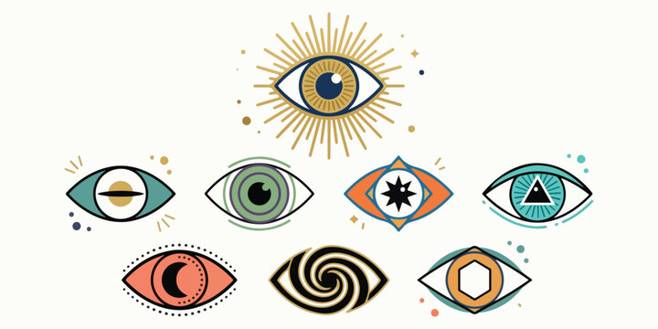 Set of colorful mystical eyes with magical symbols and geometric patterns for spiritual and occult designs