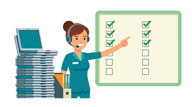 Professional female call center agent pointing at task checklist next to a stack of laptops flat vector illustration.