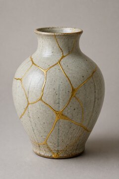bennington. Shattered ceramic vase repaired with golden lacquer, kintsugi art on simple background. event programs, museum guides, designed for cultural heritage projects and event programs.