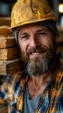 A smiling, bearded worker in a dirty yellow hard hat carries lumber, with a blurred workshop background emphasizing manual labor and craftsmanship.