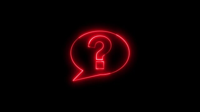 Glowing neon red color message box with question mark sign icon animation quiz confusion mark punctuation interrogative sign education exam circle alphabet sign symbol on black background