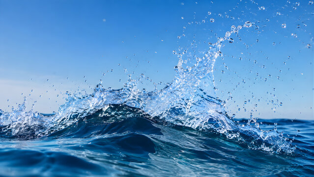 Large water splash on a deep blue ocean surface under a clear sky