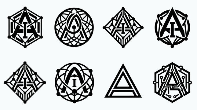 Collection of eight distinct geometric logos featuring the letter A in various intricate designs.