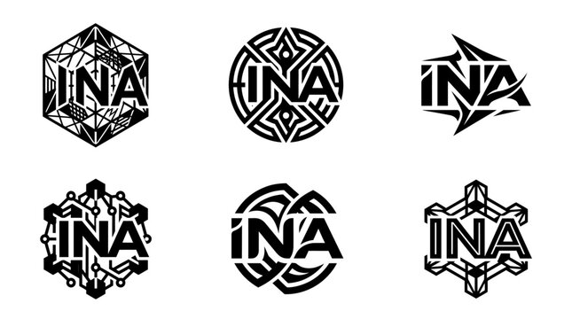 Collection of six distinct black and white logos featuring the letters INA in various geometric and abstract designs.