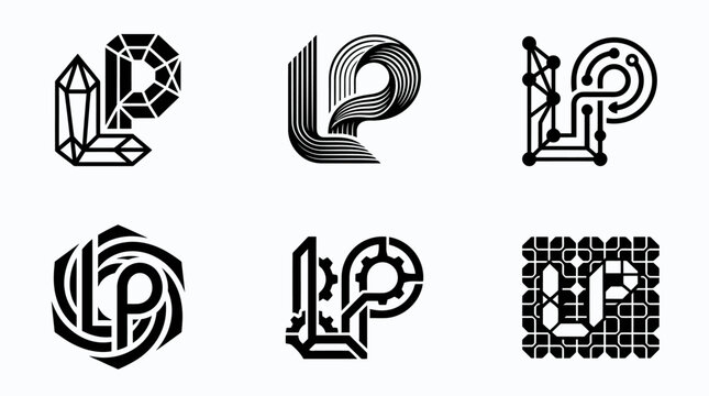 Collection of six distinct LP monogram logos in various abstract and geometric styles.