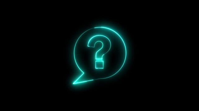 Glowing neon cyan color message box with question mark sign icon animation quiz confusion mark punctuation interrogative sign education exam circle alphabet sign symbol on black background