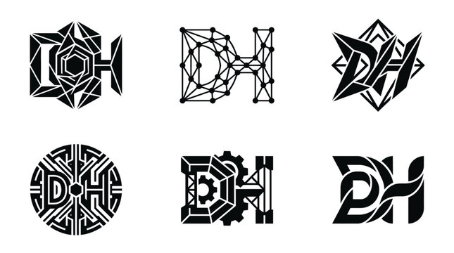 Collection of six unique DH monogram logos in various geometric and abstract styles.