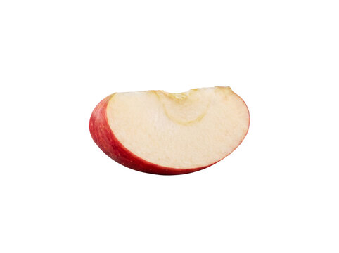 Photograph of a vibrant red apple slice with a fresh bite taken out, highlighting healthy snacking and natural food.