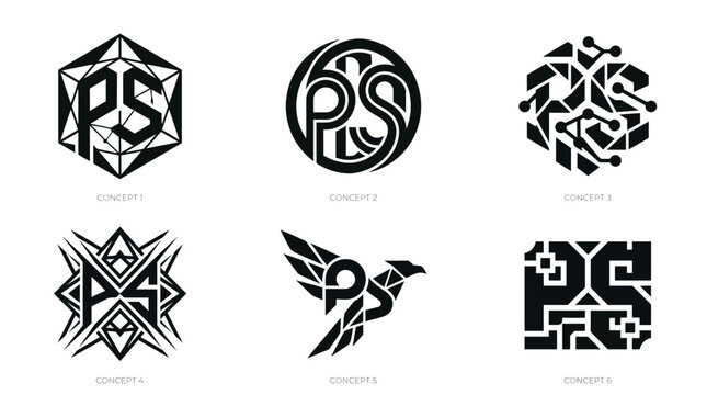 Collection of stylized PS letter logos in various abstract designs.