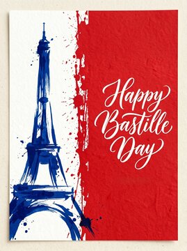 Artistic watercolor illustration of the Eiffel Tower on a split white and red background featuring elegant calligraphy that reads Happy Bastille Day, celebrating the French National Holiday.
