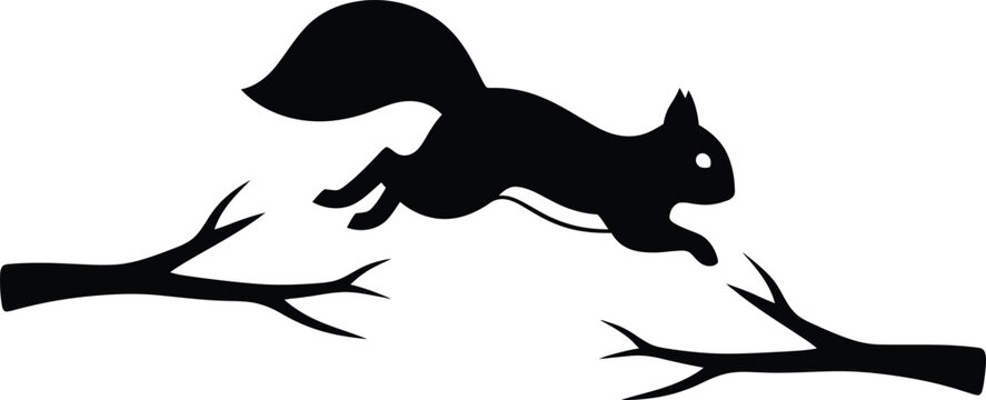 Black silhouette illustration of a cute squirrel jumping between branches