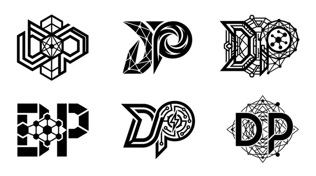 Set of six unique DP letter logos with geometric and abstract designs.