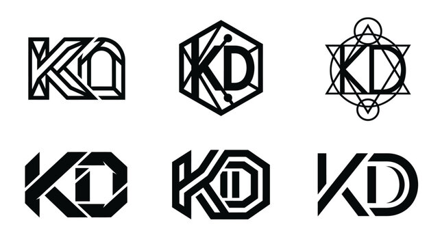 Set of six unique geometric KD letter logos in black and white.