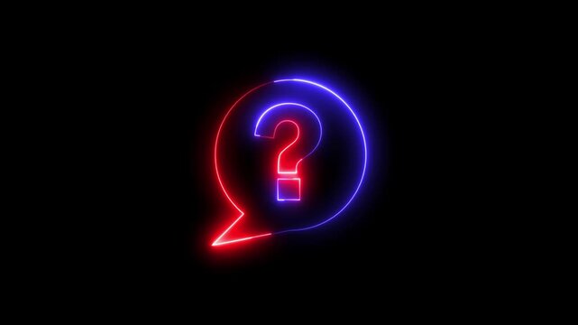 Glowing neon red and blue color message box with question mark sign icon animation quiz confusion mark punctuation interrogative sign education exam circle alphabet sign symbol on black background