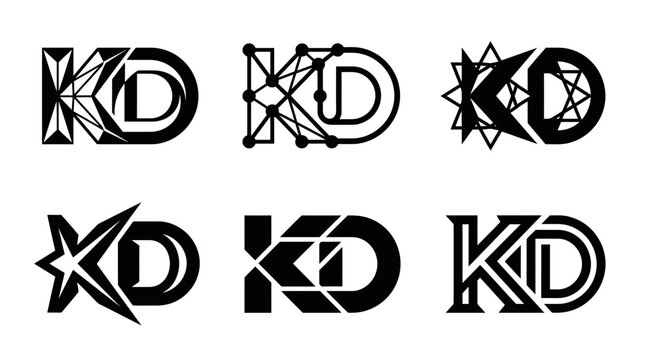 Set of six unique KD letter logo designs in black and white.