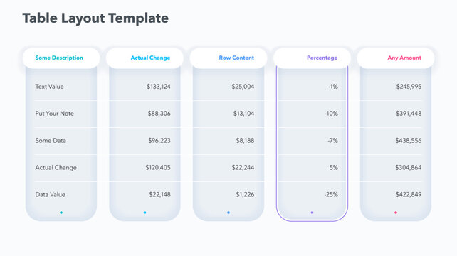 Minimalist and modern table layout with five columns and highlighting a selected column. Presentation template for clear and effective data visualization.