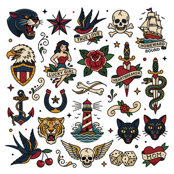 Classic Tattoo Designs: Panther, Eagle, Skull, Rose, Anchor, Lighthouse, Dice