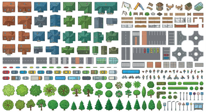Assorted Building Road Vehicle And Tree Vector Elements Collection