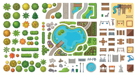 Park elements vector illustration with top down view and white background © SHANTI