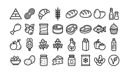 Black and white line drawing of various food and drink icons including fruits vegetables meats bread and beverages on white background © Shibu Pada Ghosh