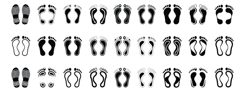 Footprint and Shoe Print Silhouette Vector Icons Featuring Human Footsteps, Boot Tracks and Isolated Walking Trail Illustrations