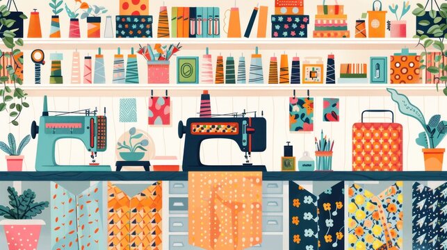 A colorful sewing workspace with two sewing machines, fabric, thread, and other crafting supplies.