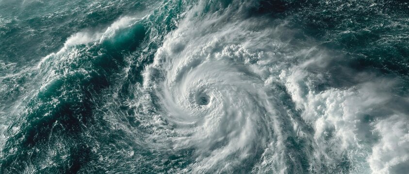 A massive swirling hurricane dominates the turbulent ocean background, illustrating the raw power of natural disasters and climate change.