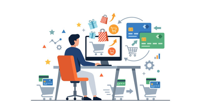 Professional developer managing online store sales and payment gateway integration flat design vector illustration.