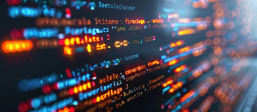 Abstract close-up of colorful computer code on a dark background, with an out of focus bokeh effect.