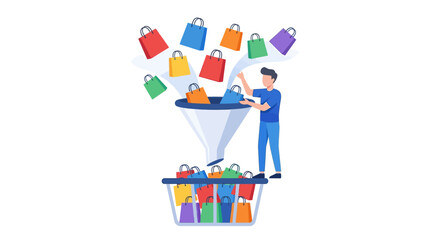 Fototapeta premium Male specialist managing digital sales funnel for online retail conversion flat vector illustration