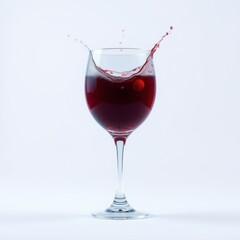 Fototapeta premium Wine splashing from glass. Red liquid motion captured midair. Elegant stemware, simple background, vibrant color.