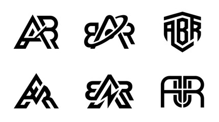 Collection of six distinct black and white monogram logos featuring the letters A, B, and R in various modern and abstract designs. © Abdur