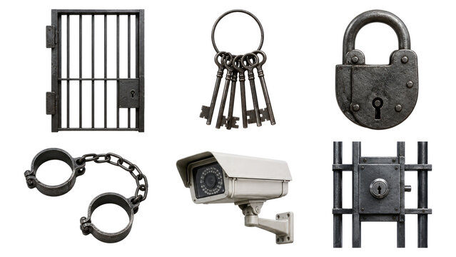 Collection of prison and security items including a cell door, vintage keys, padlock, handcuffs, surveillance camera, and barred window