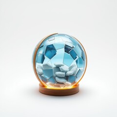 Naklejka premium Glass sphere contains clouds, rocks. Warm light emanates from base, creating soft glow. Mosaic pattern covers surface. Minimalist composition.