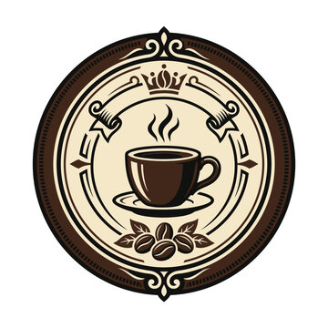 Vintage circular coffee emblem with steaming cup and beans.